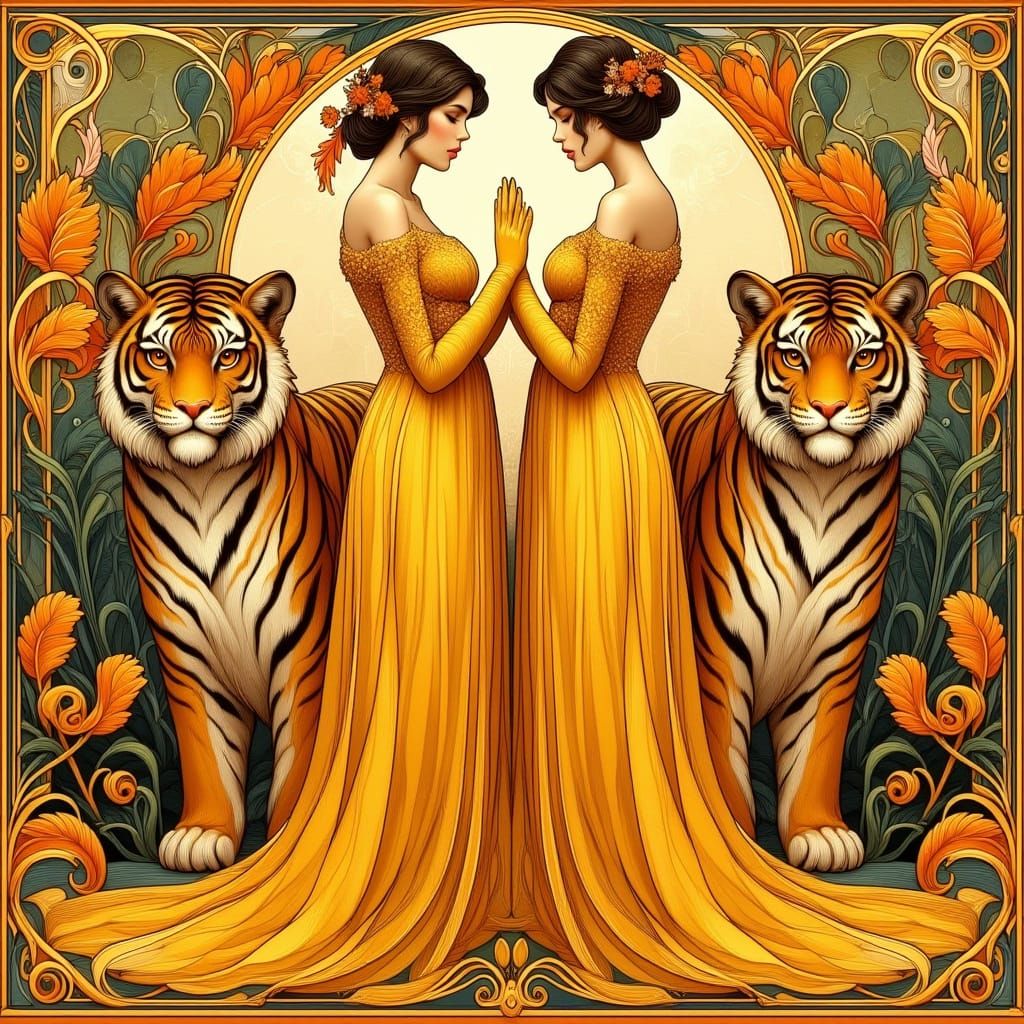 Elegant Women with Tigers in Art Nouveau Style