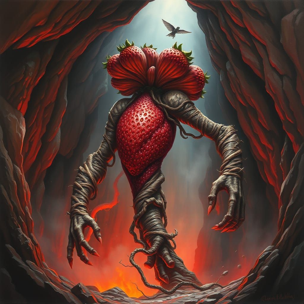 Strawberry Golem Emerges from Lava Cave as Impasto Painting
