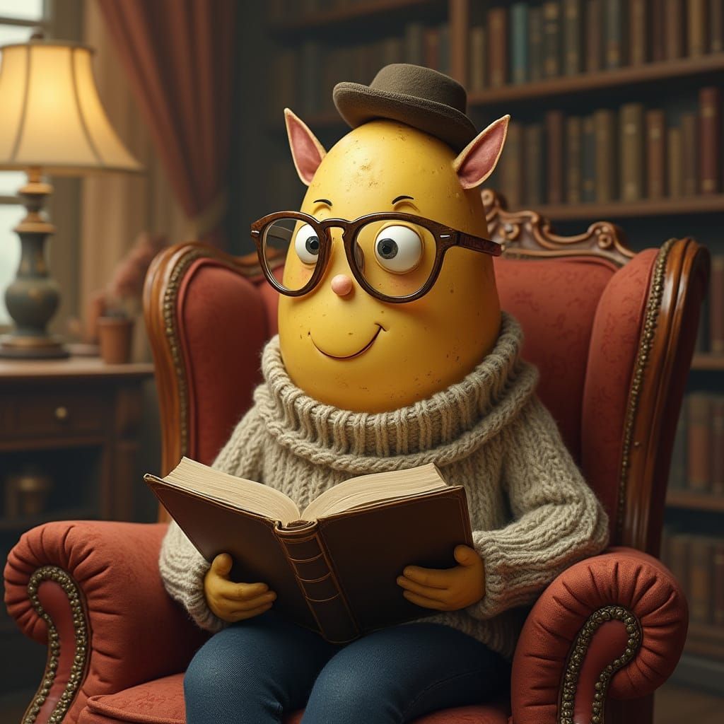 Whimsical Potato in Cozy Library Setting