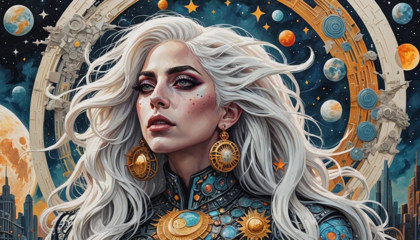 Singer with White Hair in Dystopian Cosmic Scene