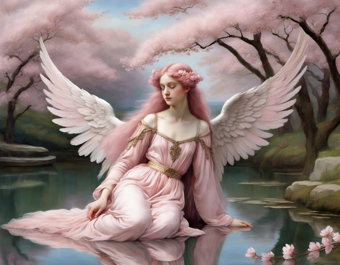 Pre-Raphaelite Angel with Pink Wings and Gown