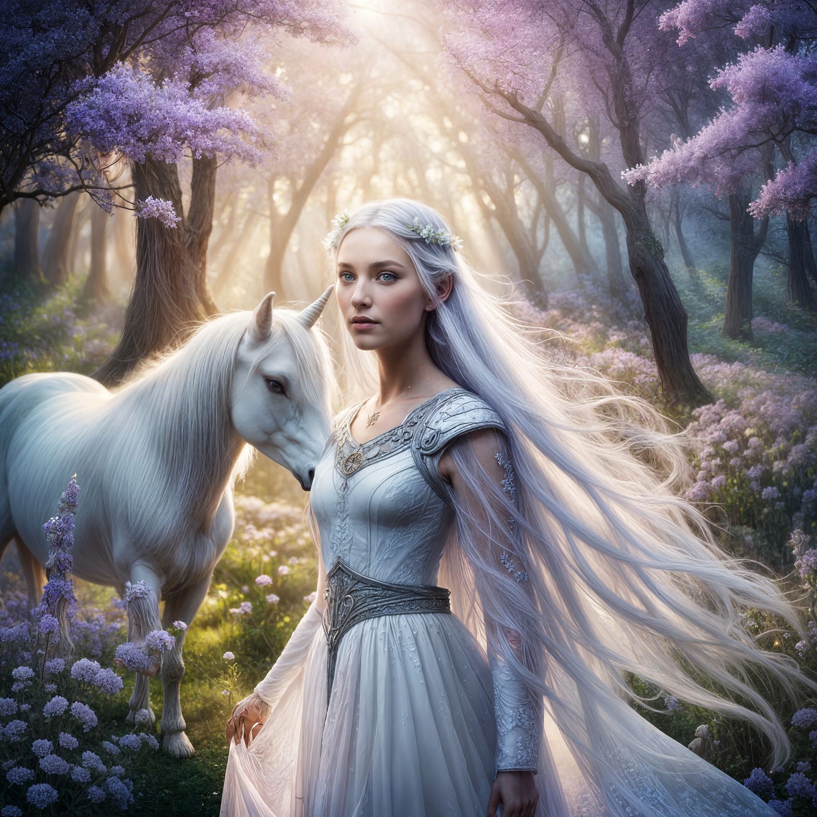 Elven Woman with Unicorn in Floral Glade