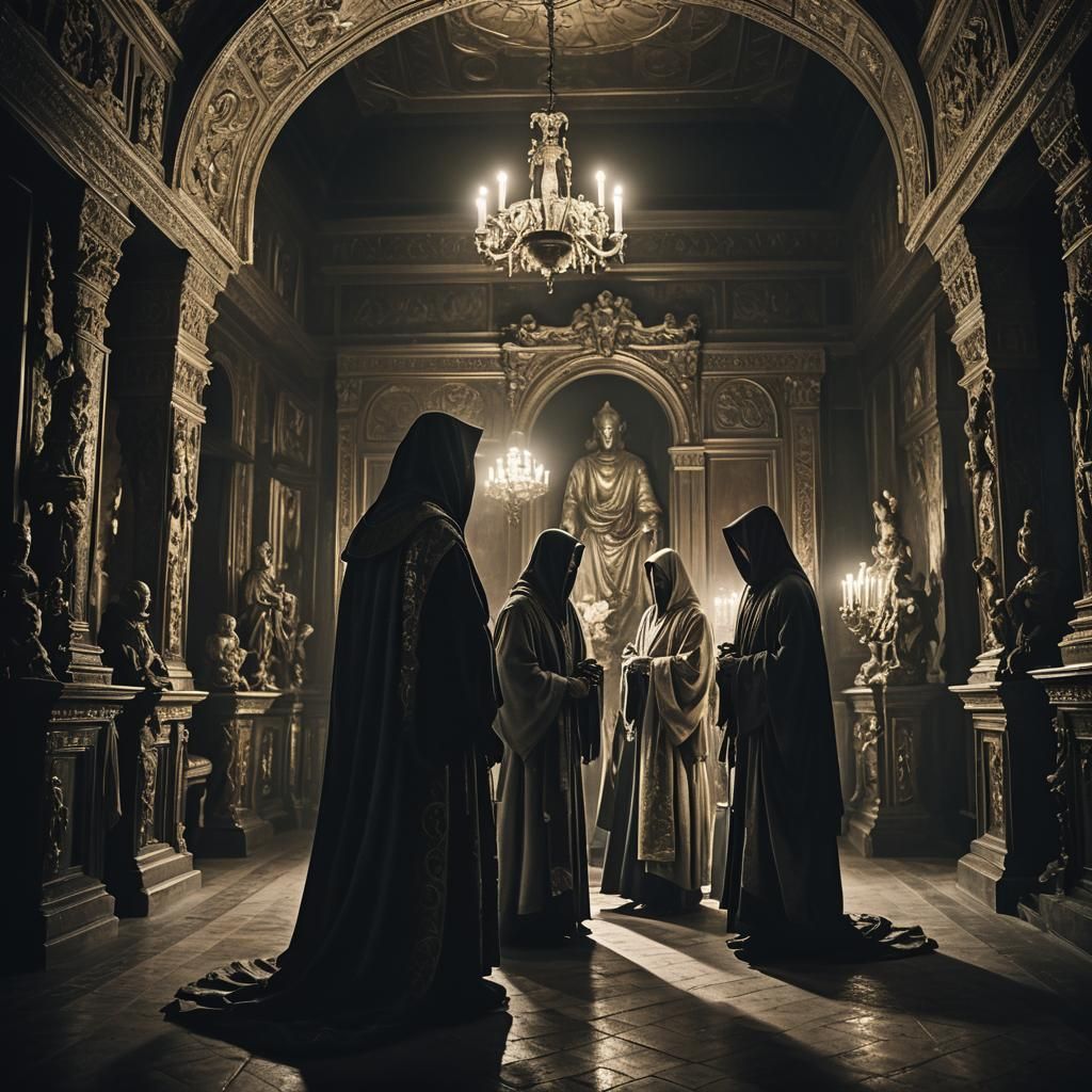 Clandestine Meeting in Ornate Chamber with Cinematic Lightin...