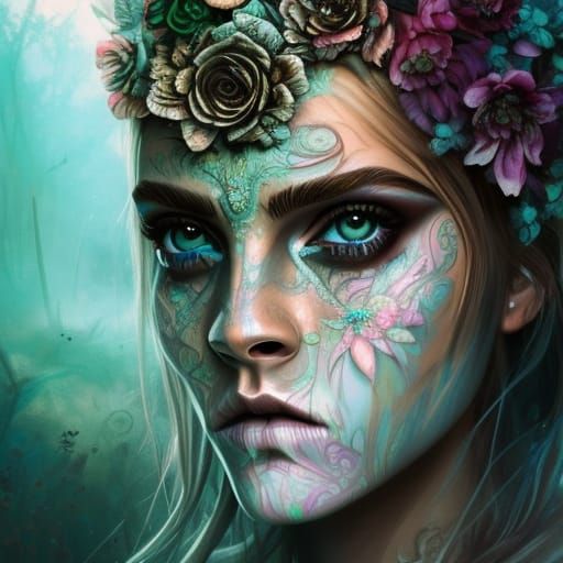 Sugar Skull Goddess with Flowers, Digital Art