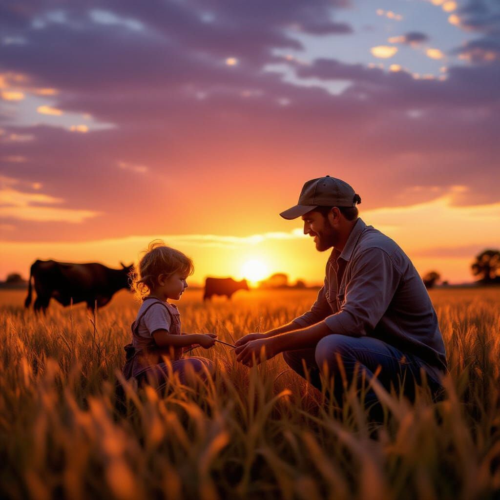 Father and Child Herding Cattle at Sunset