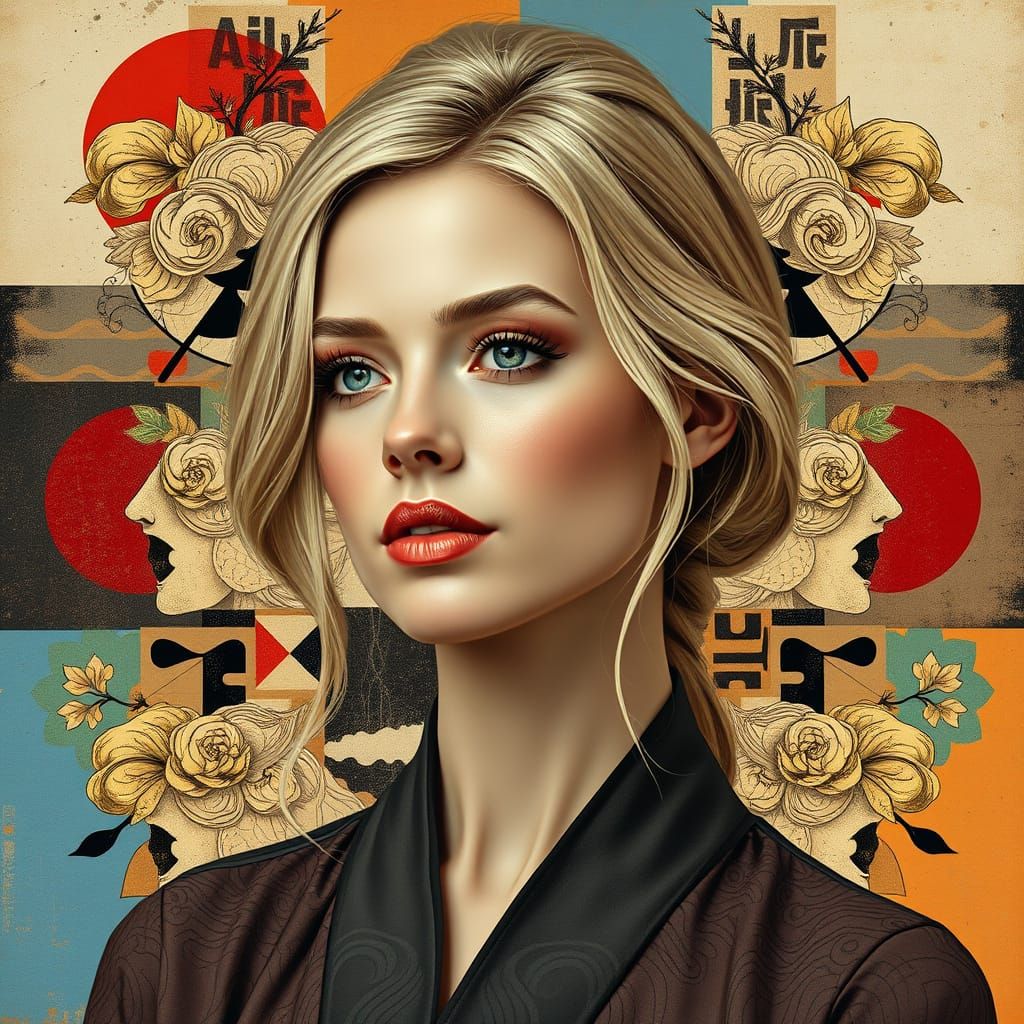 Elegant Blond Woman in Harmonious Wabi-Sabi Collage