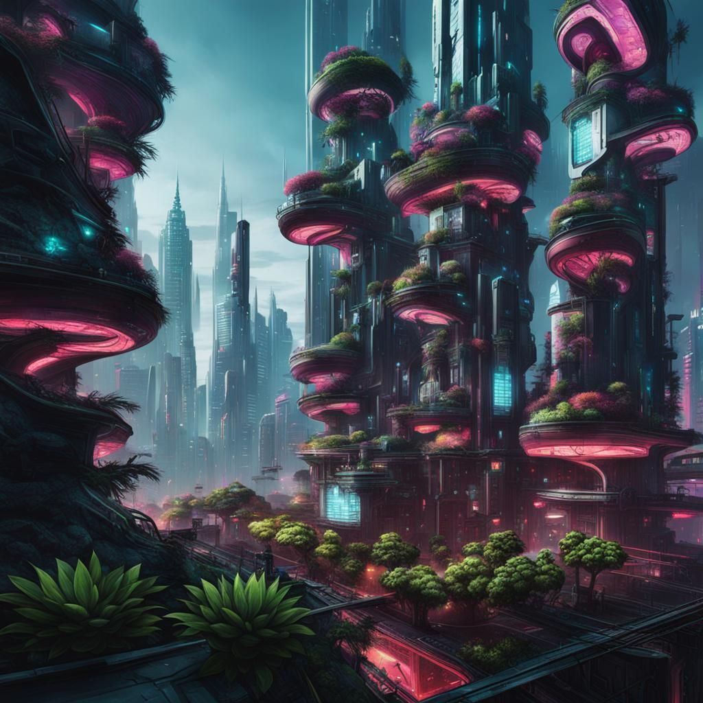 Cyberpunk City Reclaimed by Alien Plants