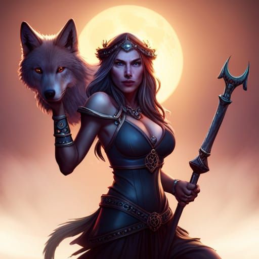 Attractive Witch and Wolf in Dark Fantasy Style