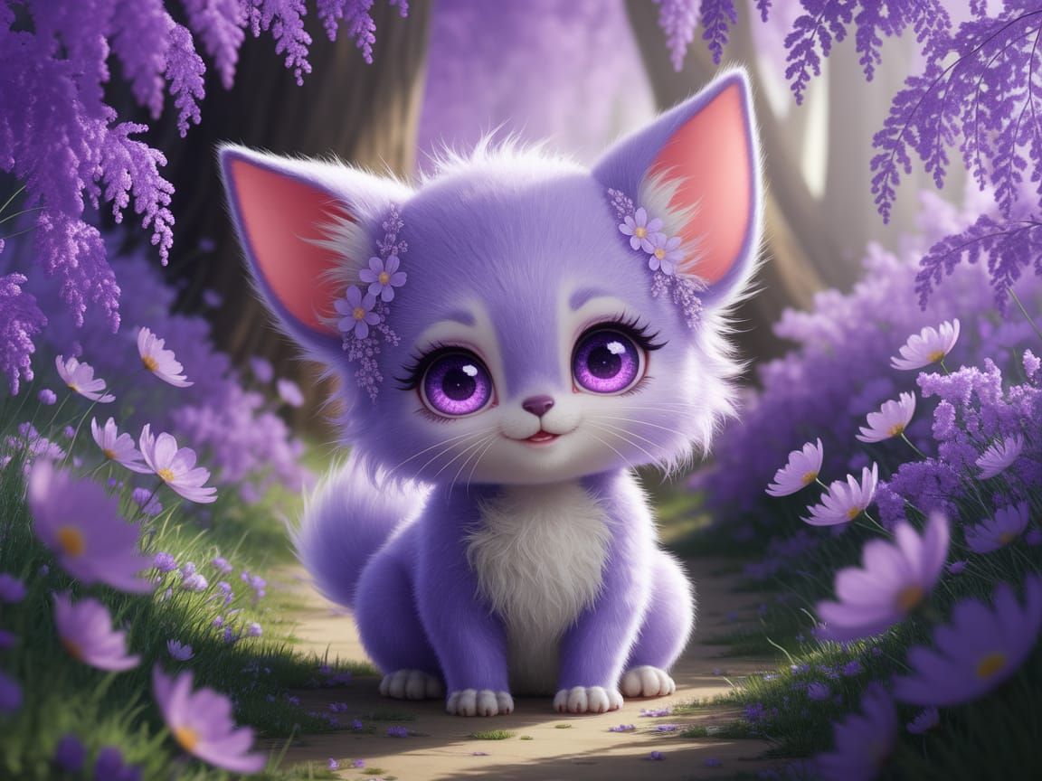 Anime Lavender Creature in Purple Flower Forest
