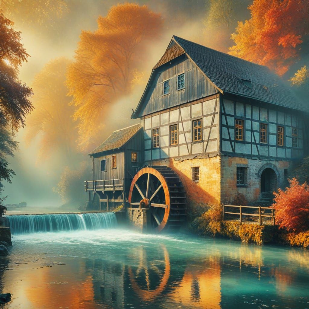 Autumnal German Village Scene with Mystical Waterwheel