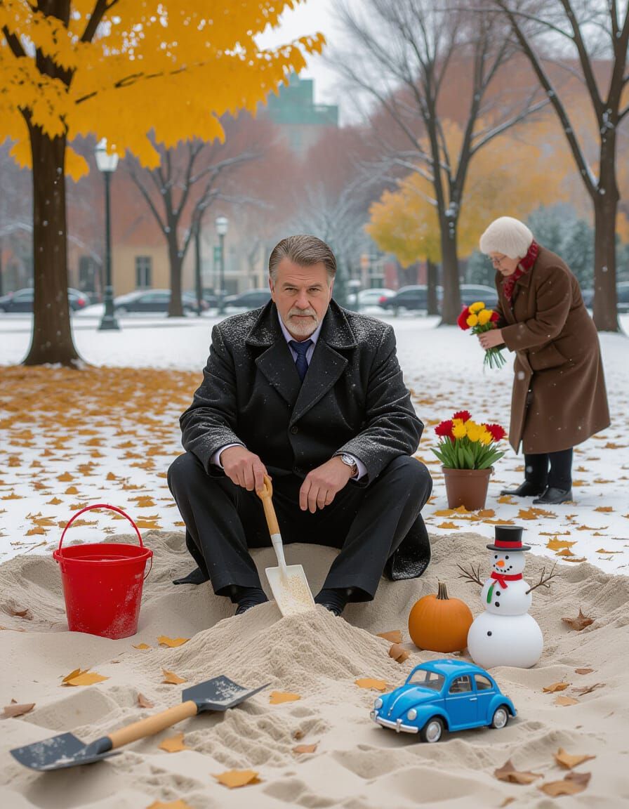 Surreal Autumn Park Scene with Man in Sandbox