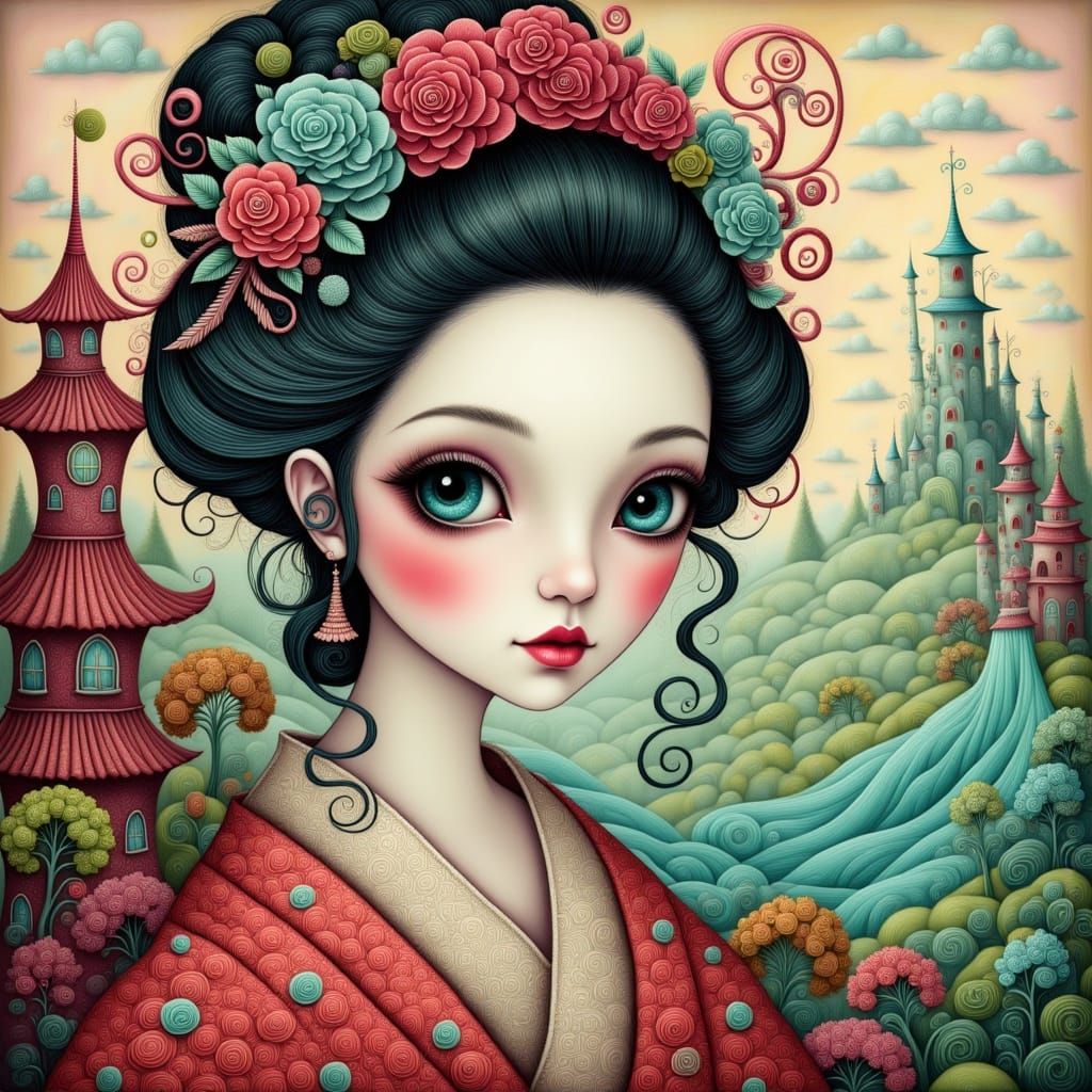 Whimsical Geisha in Dreamlike Atmosphere