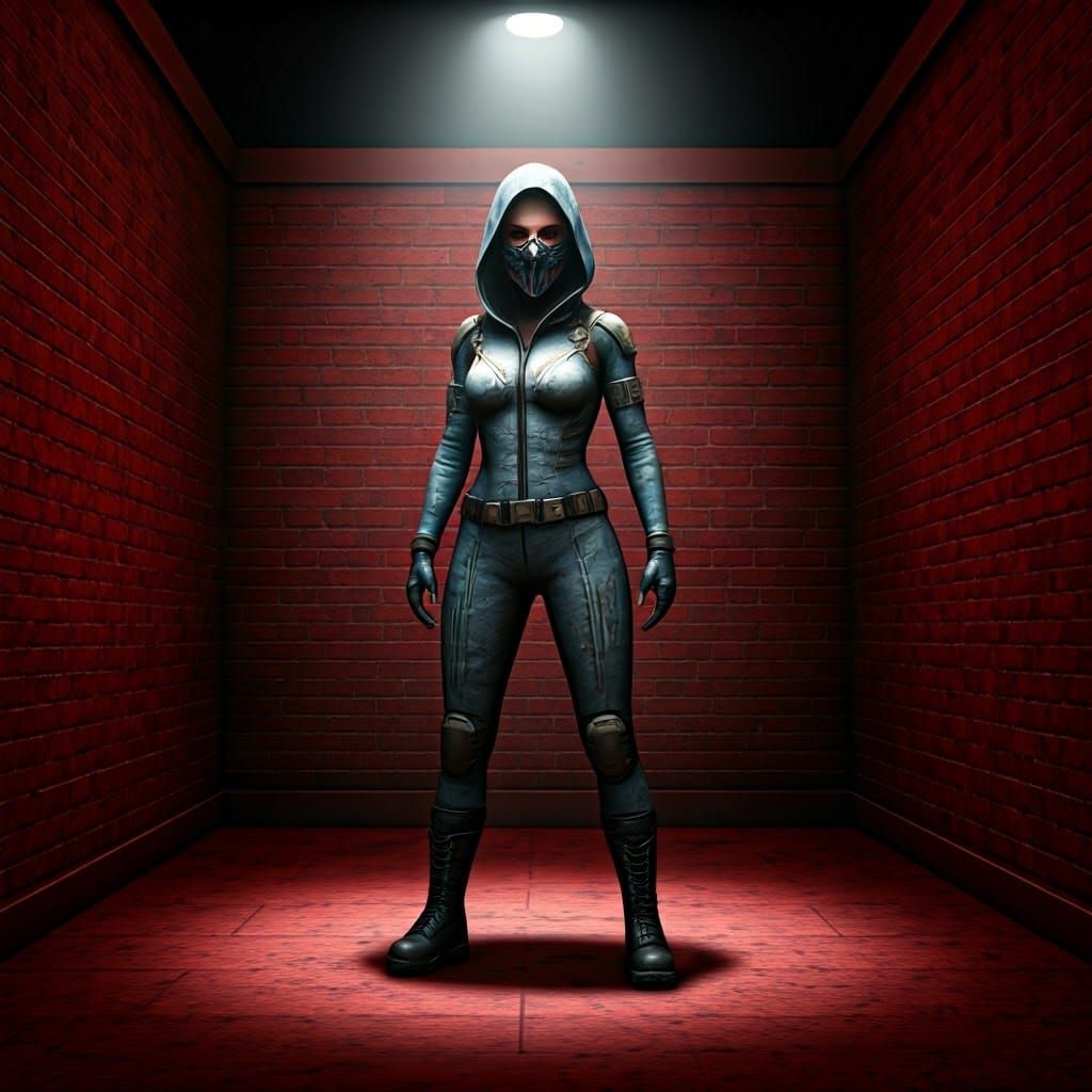 Feminine Vigilante in Crimson Brick Room