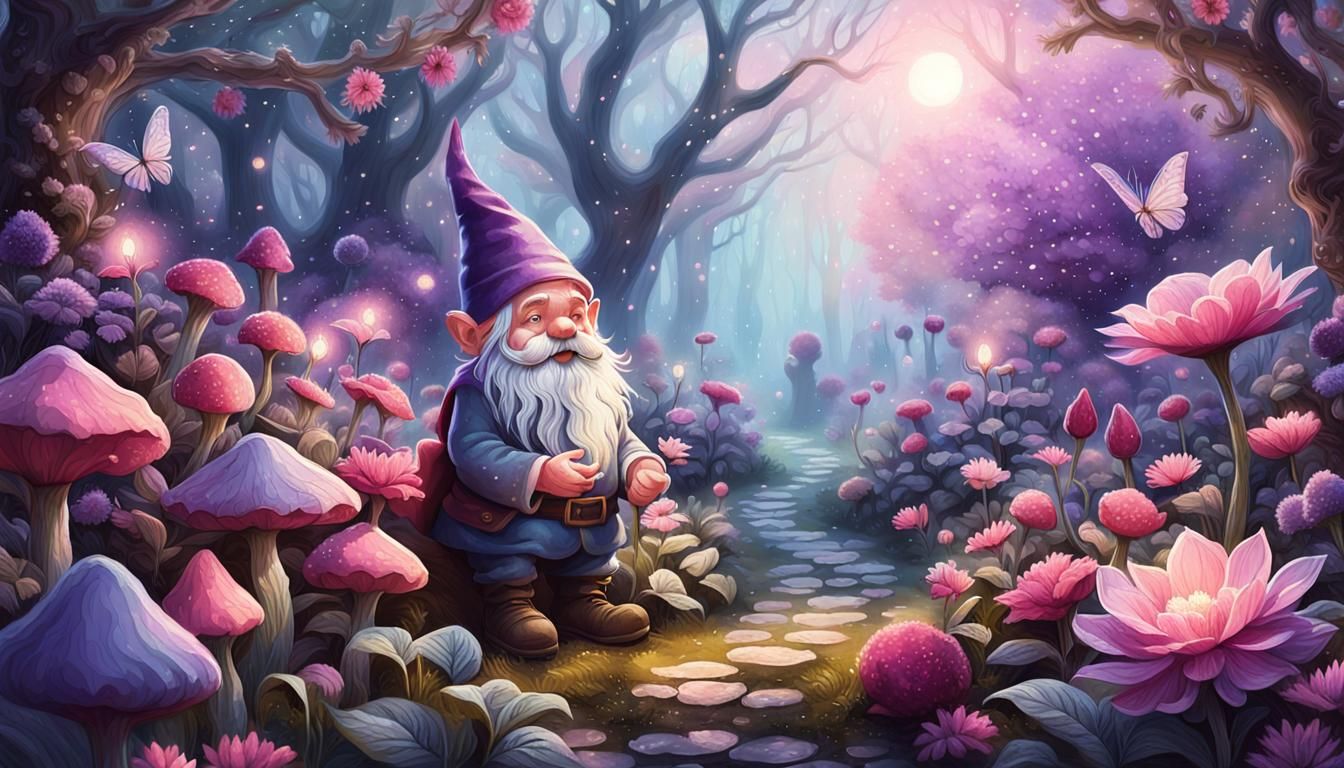 Gnome's Magical Garden: Whimsical Fantasy Illustration