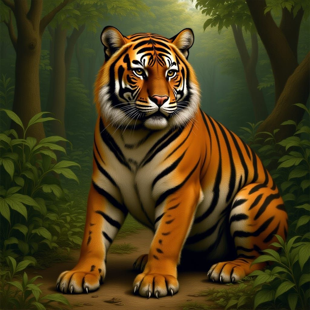 Majestic Tiger in Jungle, Realistic Oil Painting
