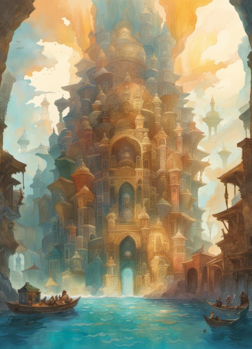 Atlantis Architecture: Colorful Watercolor Fantasy Illustrat...