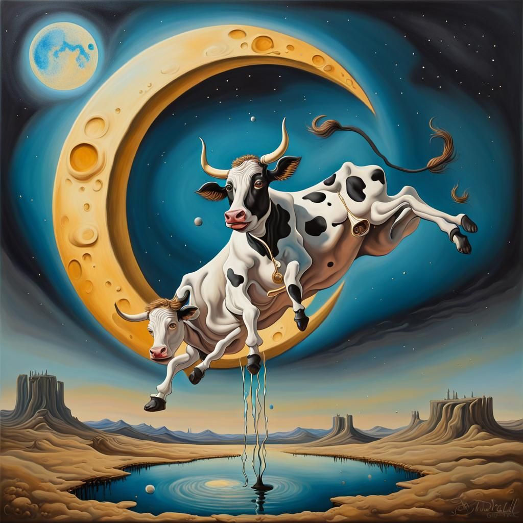 a surreal scene inspired by "Hey Diddle Diddle" with a cosmic cow jumping over the moon