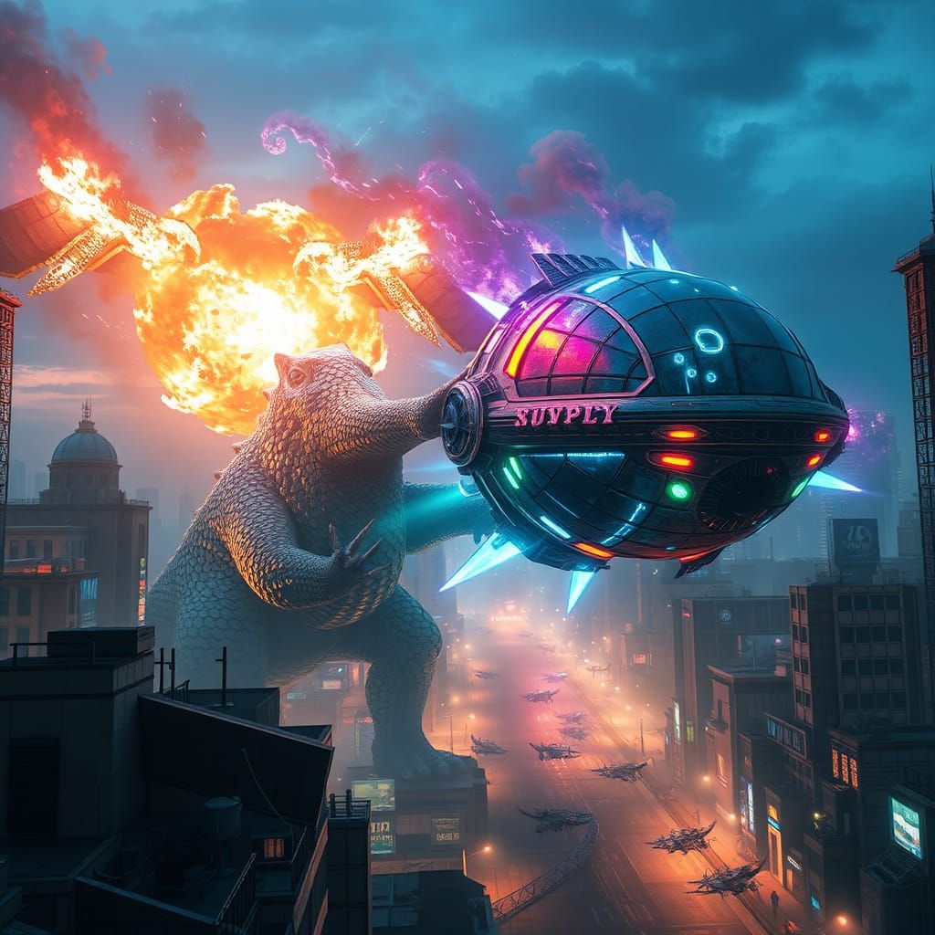 Monster vs Alien Spaceship Battle in Futuristic Cityscape