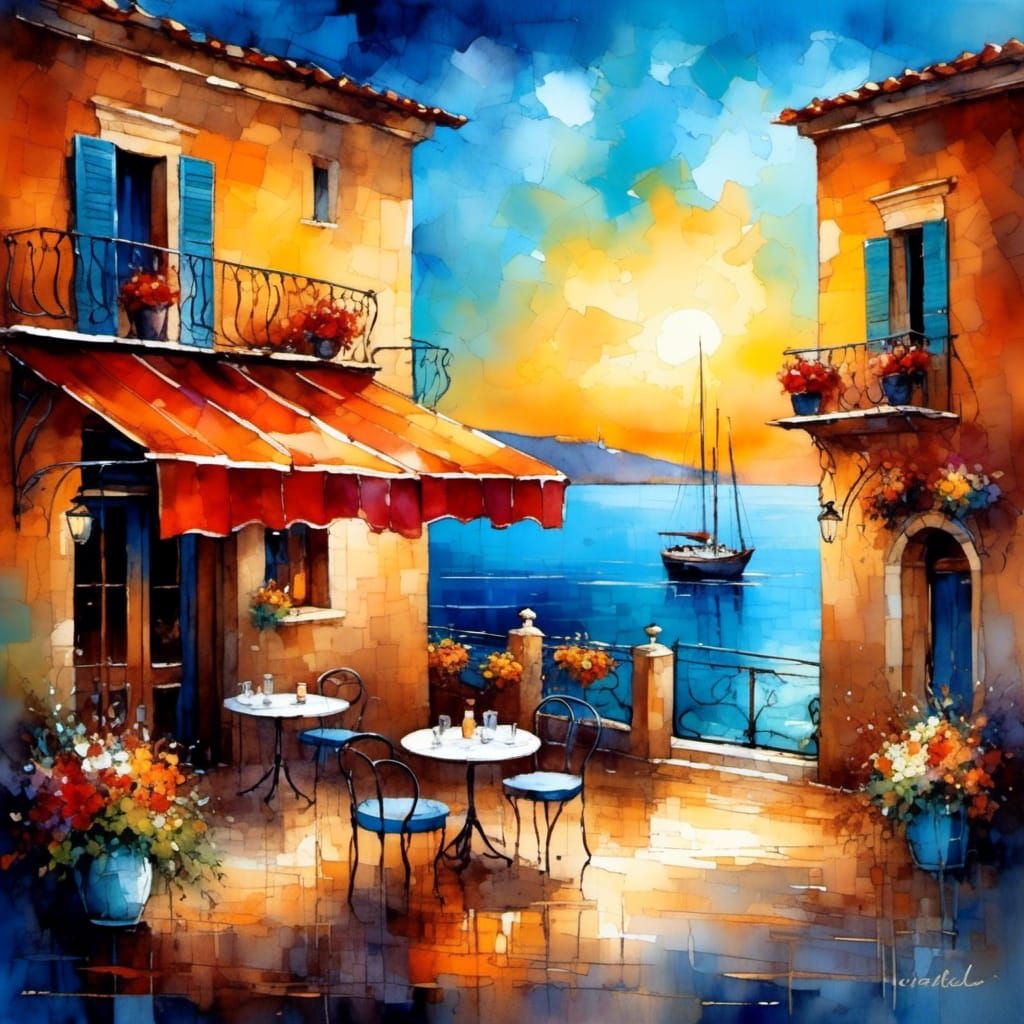 Romantic Seaside Cafe in Stylized Watercolor