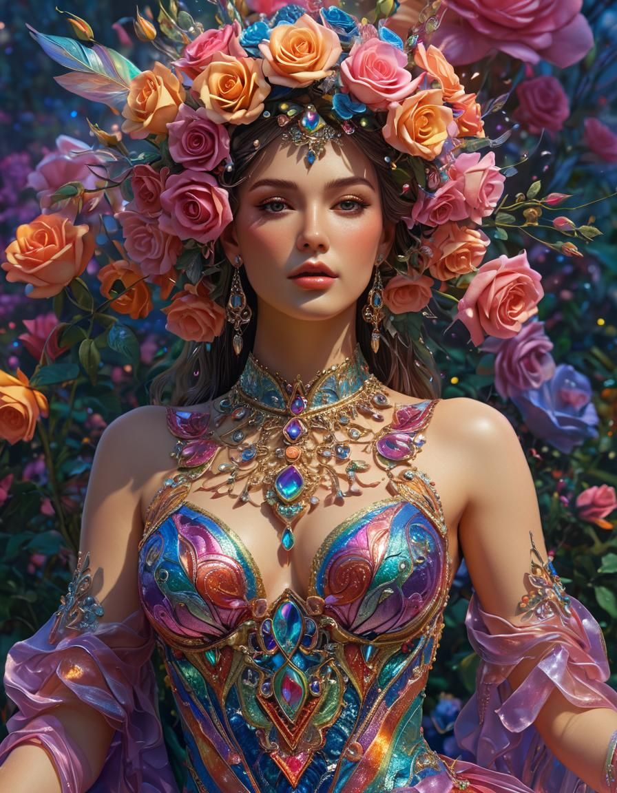 Prismatic Rainbow Rose Goddess in Hyperdetailed Photo