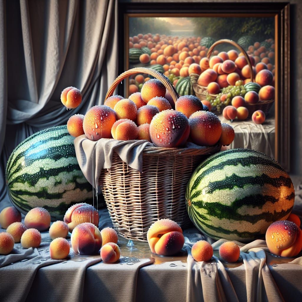 Peaches, Eggplant, and Watermelons with Mirrored Painting