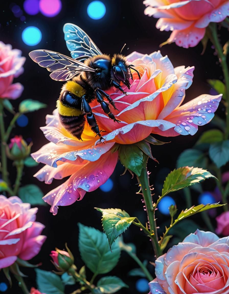 Holographic Bumble Bee with Neon Roses in Anime Style