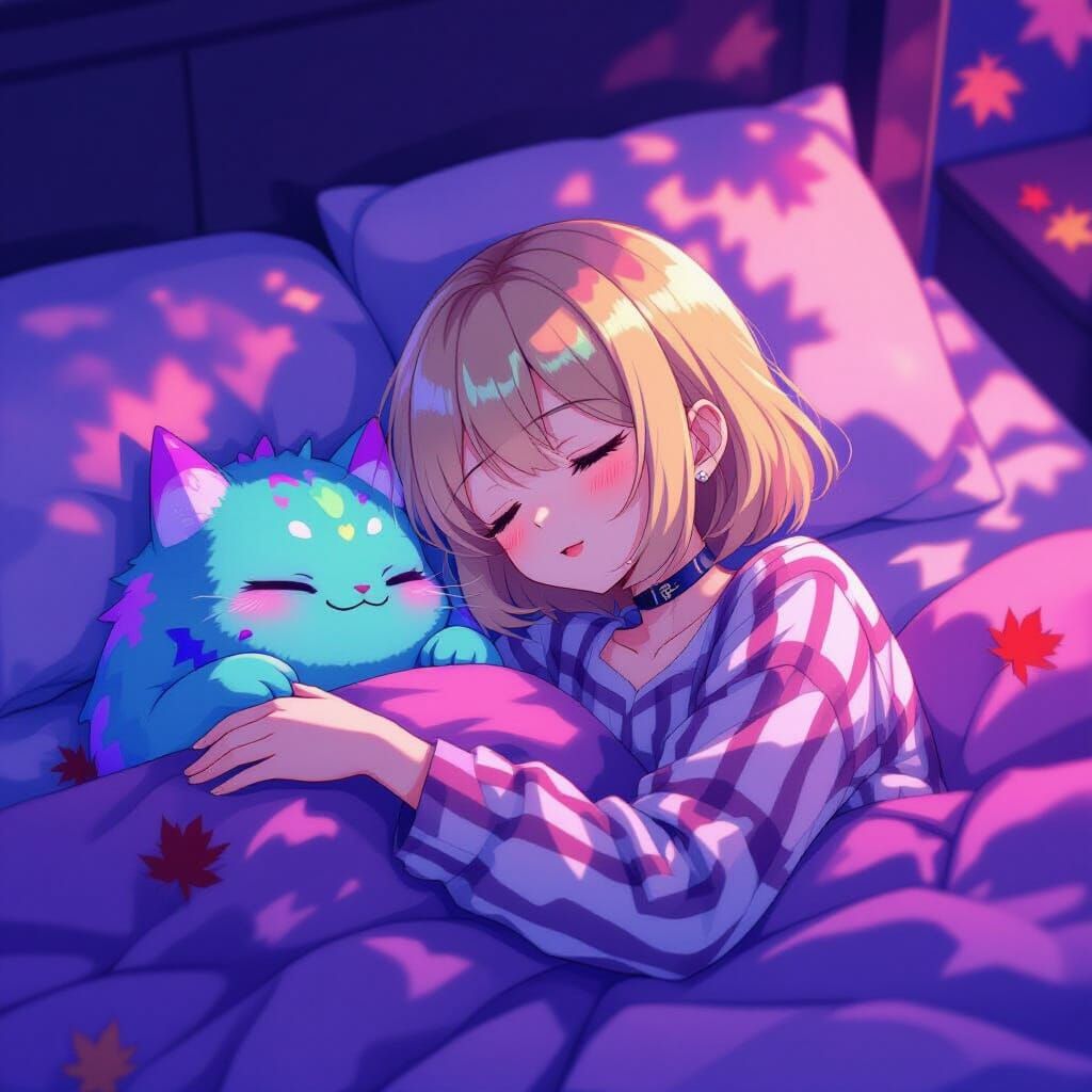 Anime Girl Asleep with Psychedelic Companion