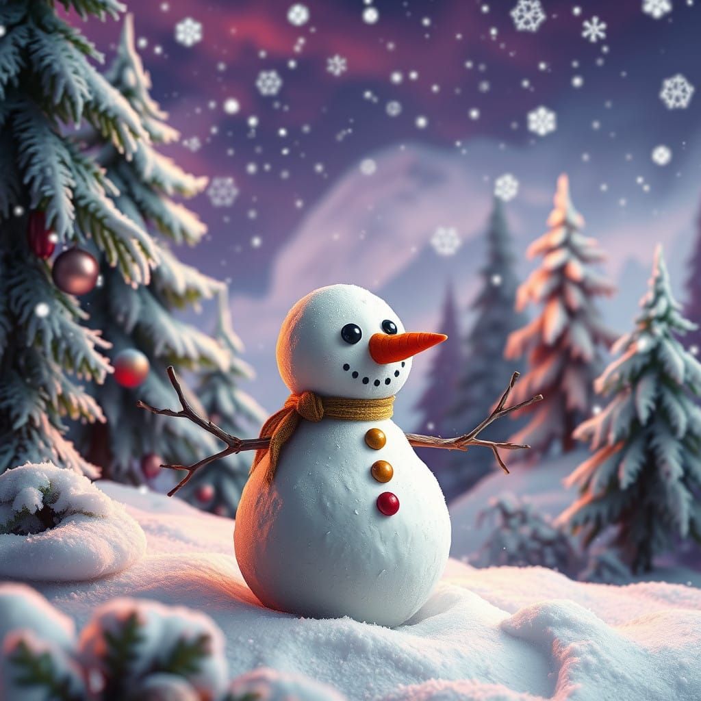 Vibrant Winter Wonderland: Whimsical Snowman Embarks on Fant...