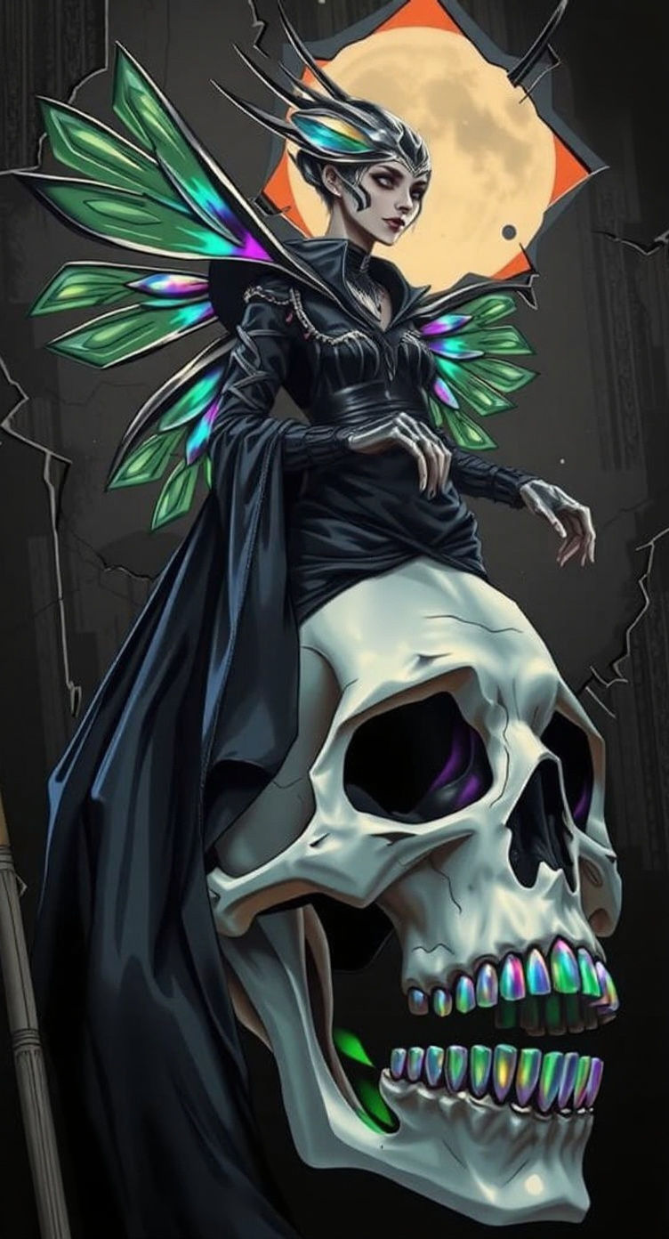 Futuristic Queen of Spades Personified in Grayscale