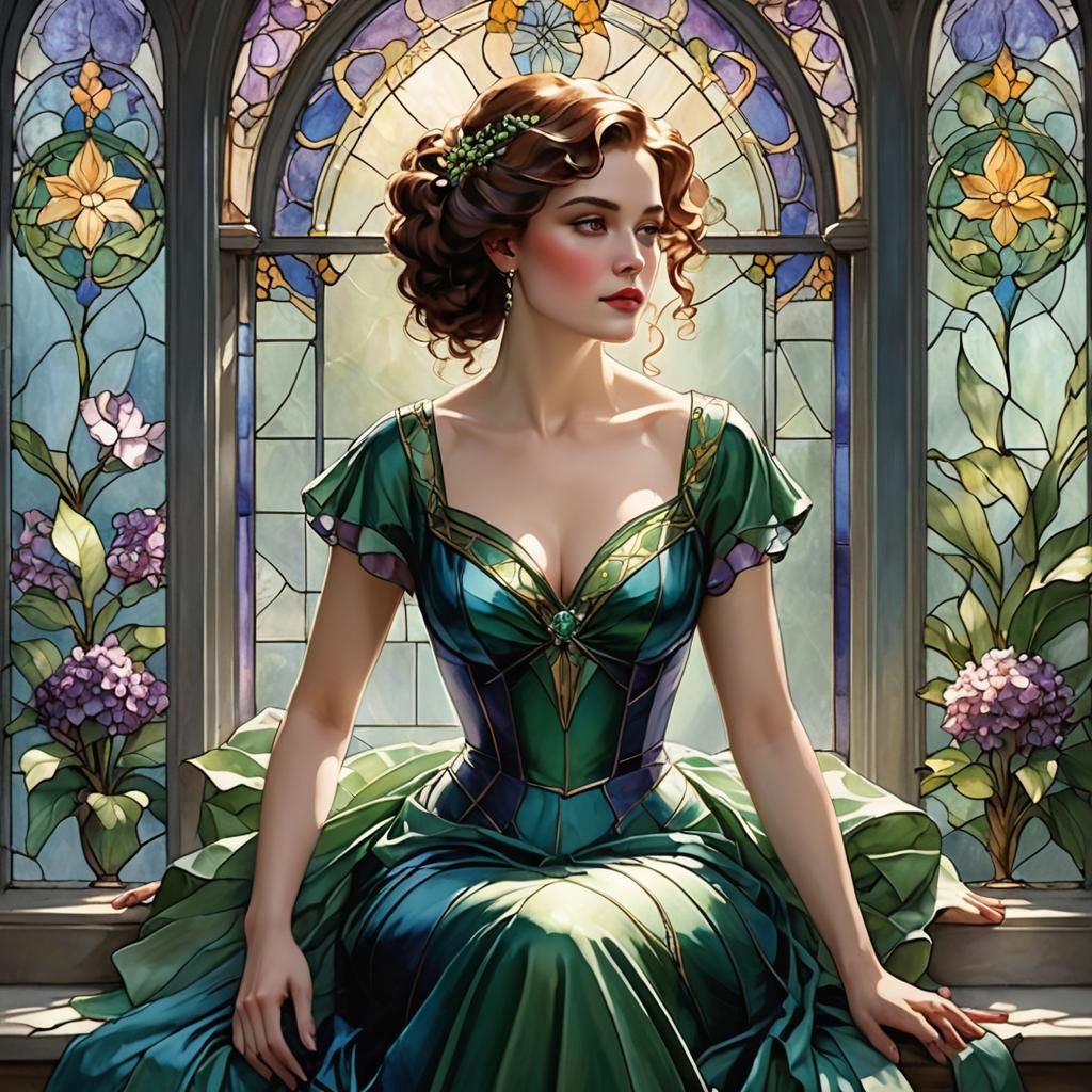 Woman in Emerald Dress by Stained Glass Window