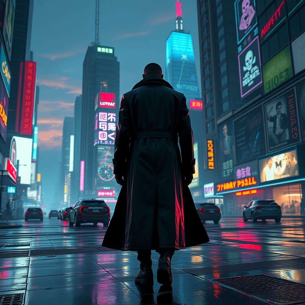 Neon City Streets at Dusk in Cyberpunk Style