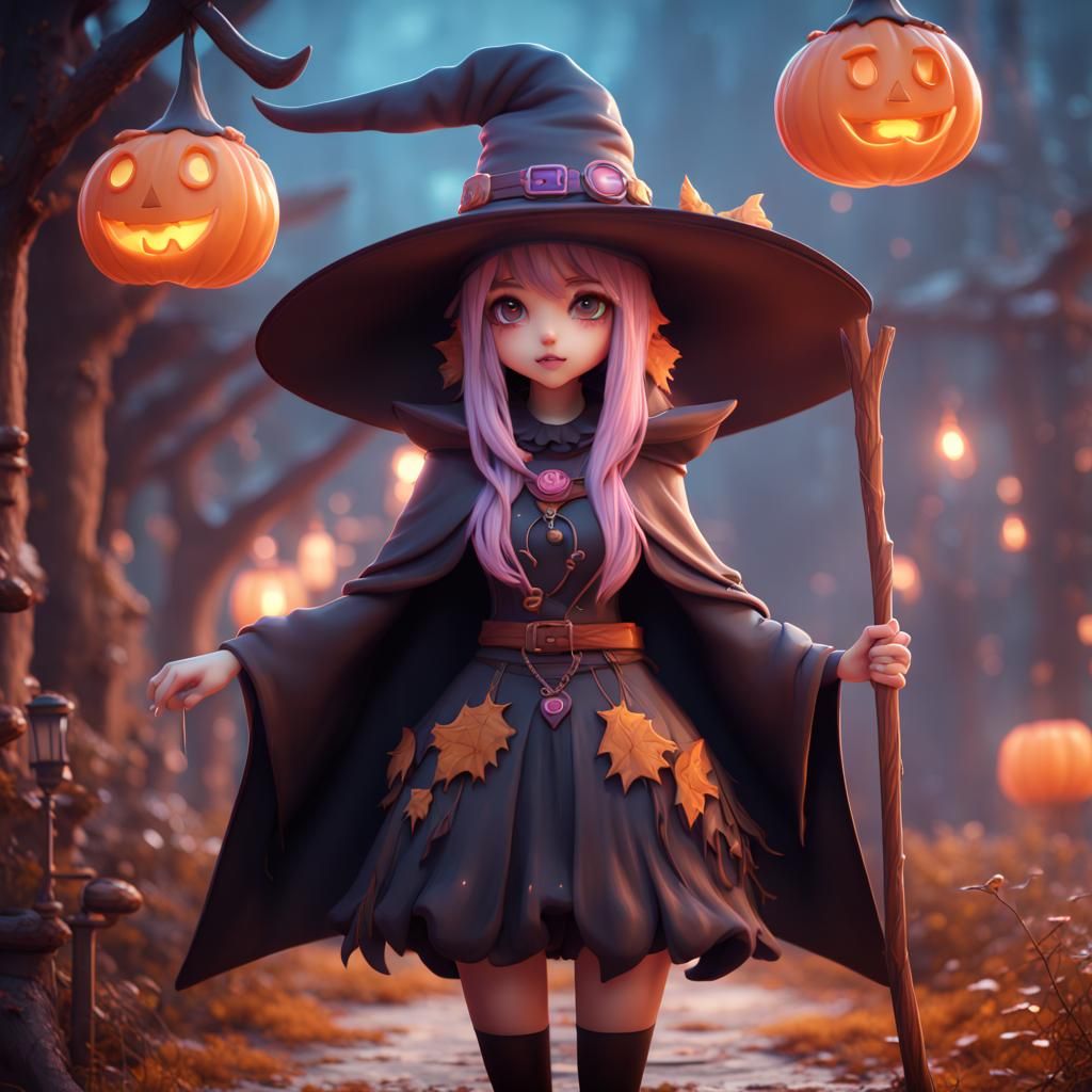 Kawaii Witch Character in Detailed Digital Painting