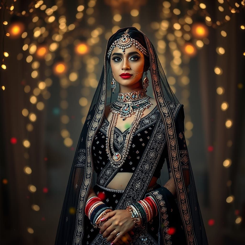 Indian Bride in Black with Ink Splatters, Hyperrealistic