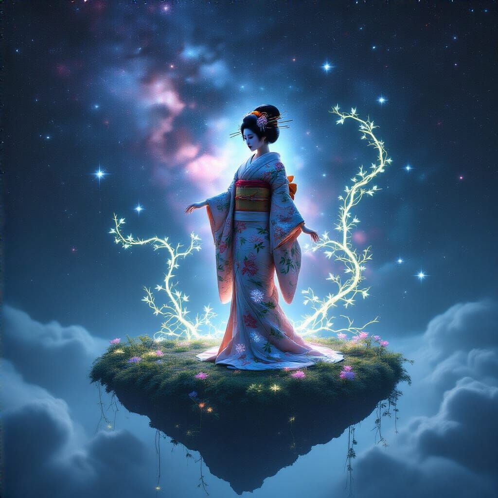An ethereal Geisha, adorned in a kimono woven with bioluminescent flora, stands on a floating island amidst a nebula. St...