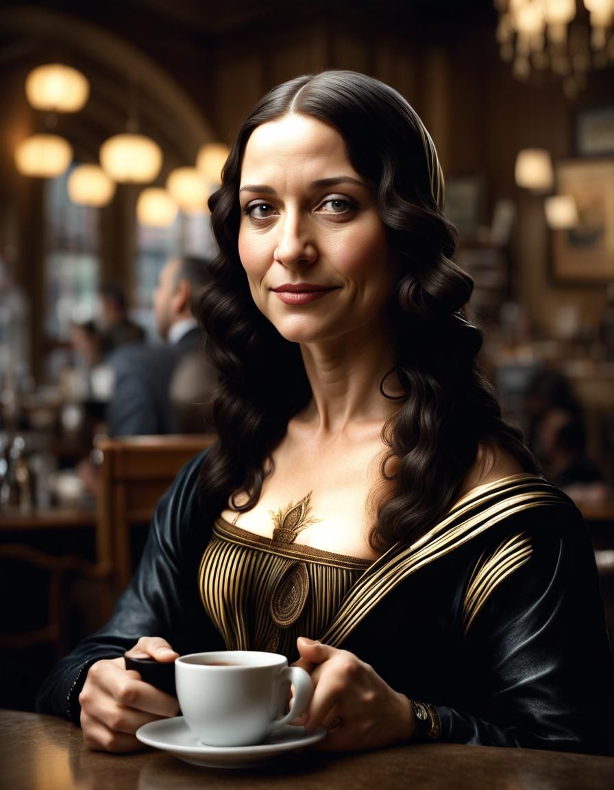 Mona Lisa Style Woman in Cafe, Photorealistic
