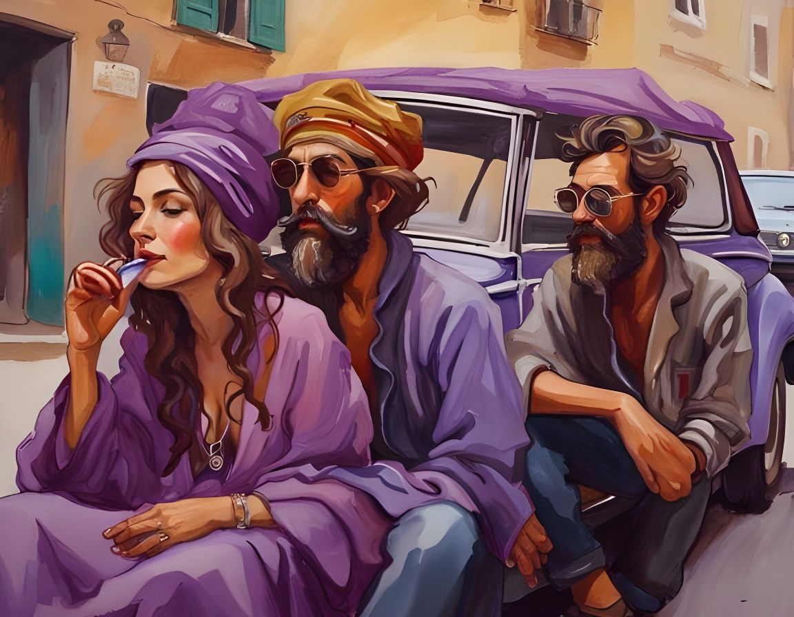 Hippy Couple in VW Convertible, Gouache Wax Style