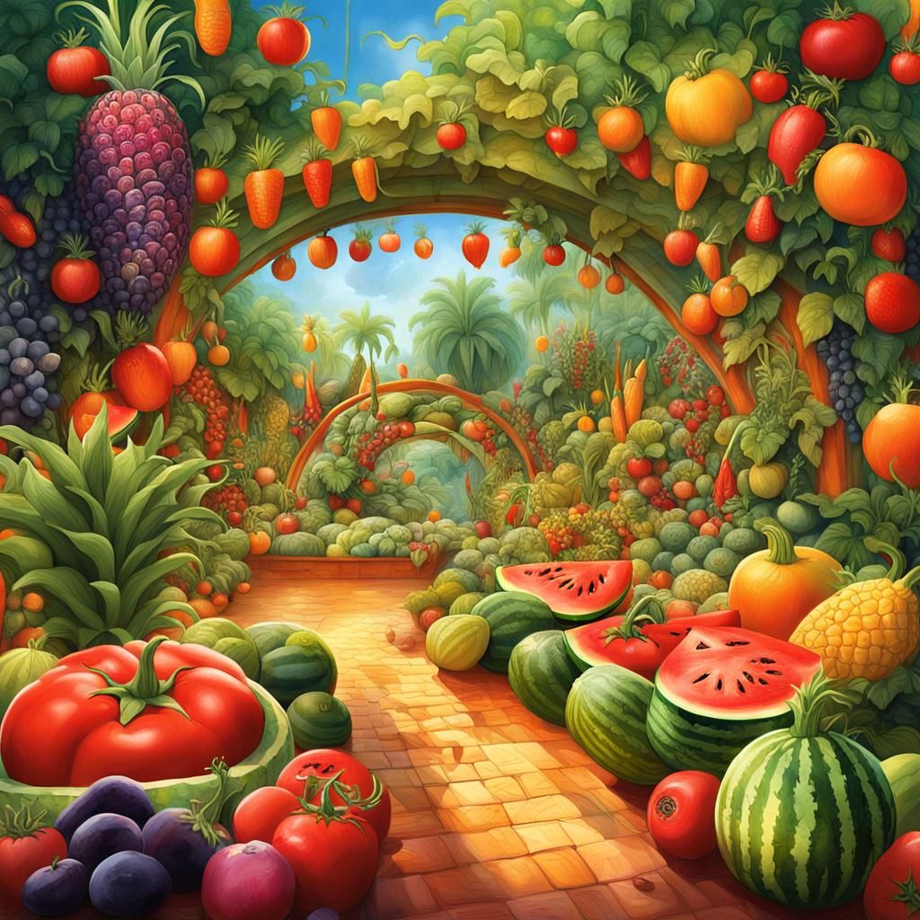 Fantastical Garden: Fruits and Vegetables in a Colorful Danc...