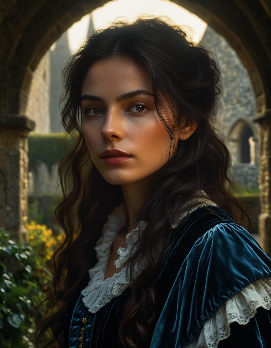 Renaissance Woman in Castle Garden at Dawn