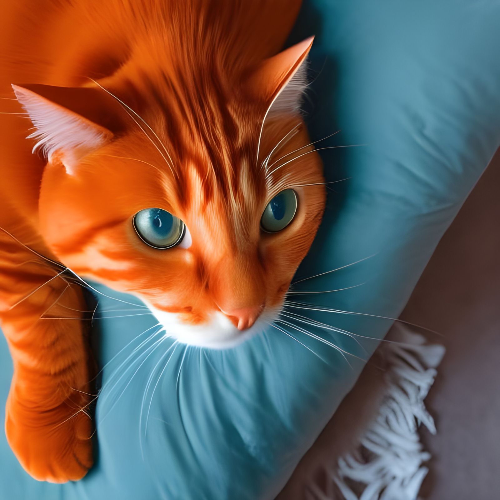 Orange Cat on Blue Pillow: Digital Art