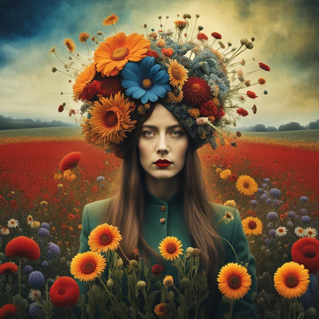 Woman in Flower Field: Surreal Dark Fantasy Art