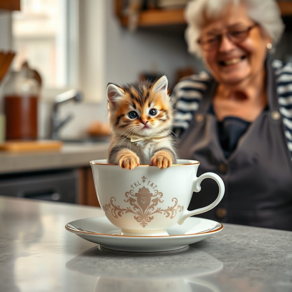 Kitten Sips Tea with Grandmother