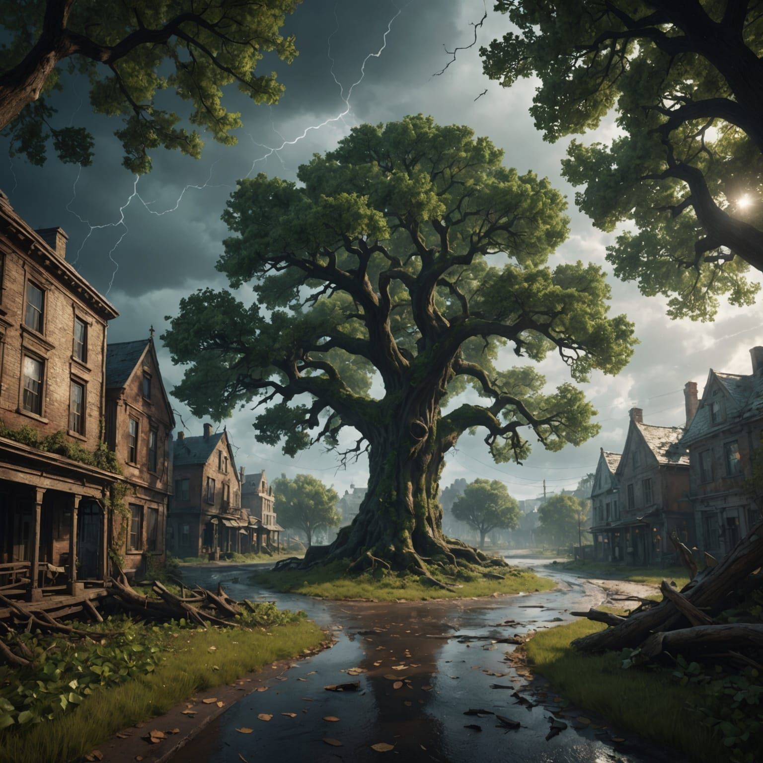 Stormy Oak Trees in a Fantastical Landscape