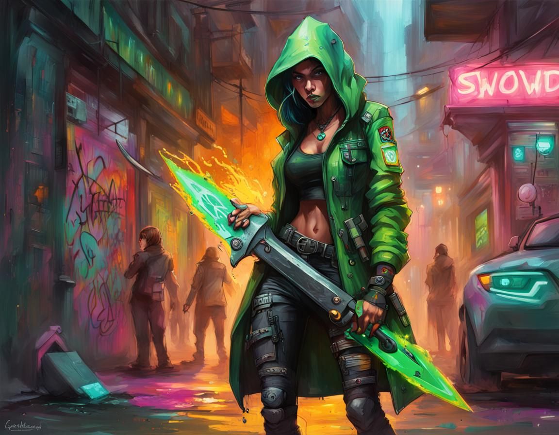 Cyberpunk Firecaster with Sword and Lightning Shield