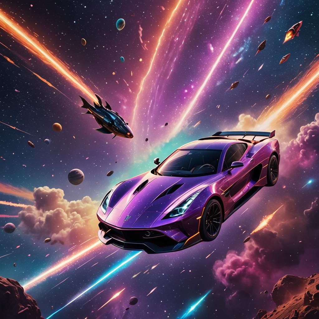 Cosmic Rocket Supercar Soaring Through Galaxy