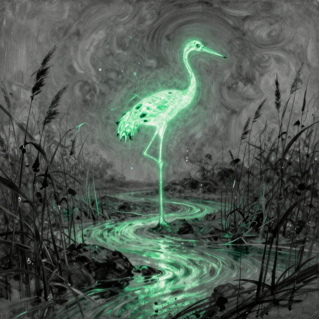 Eldritch Crane in Luminescent Riverscape