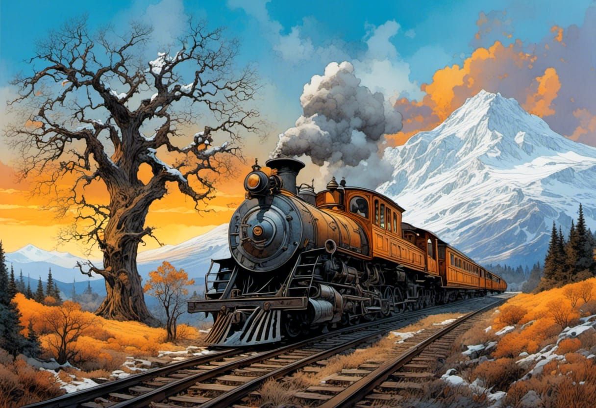 Diesel Train Cresting Hill in Romantic Watercolor Style