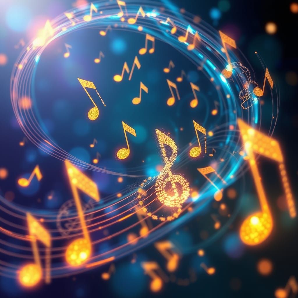 Glowing Musical Notes in Motion: Digital Art
