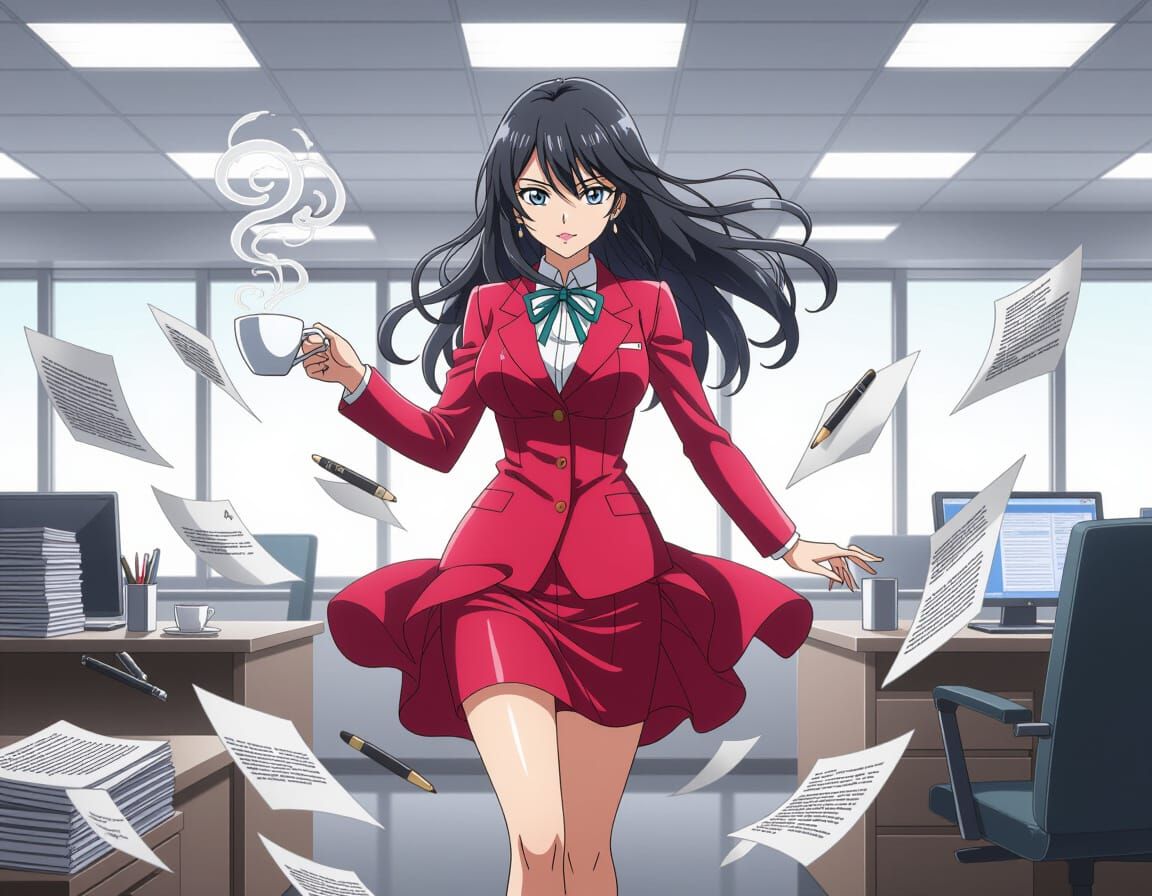 Anime Secretary in a Frozen Office Scene