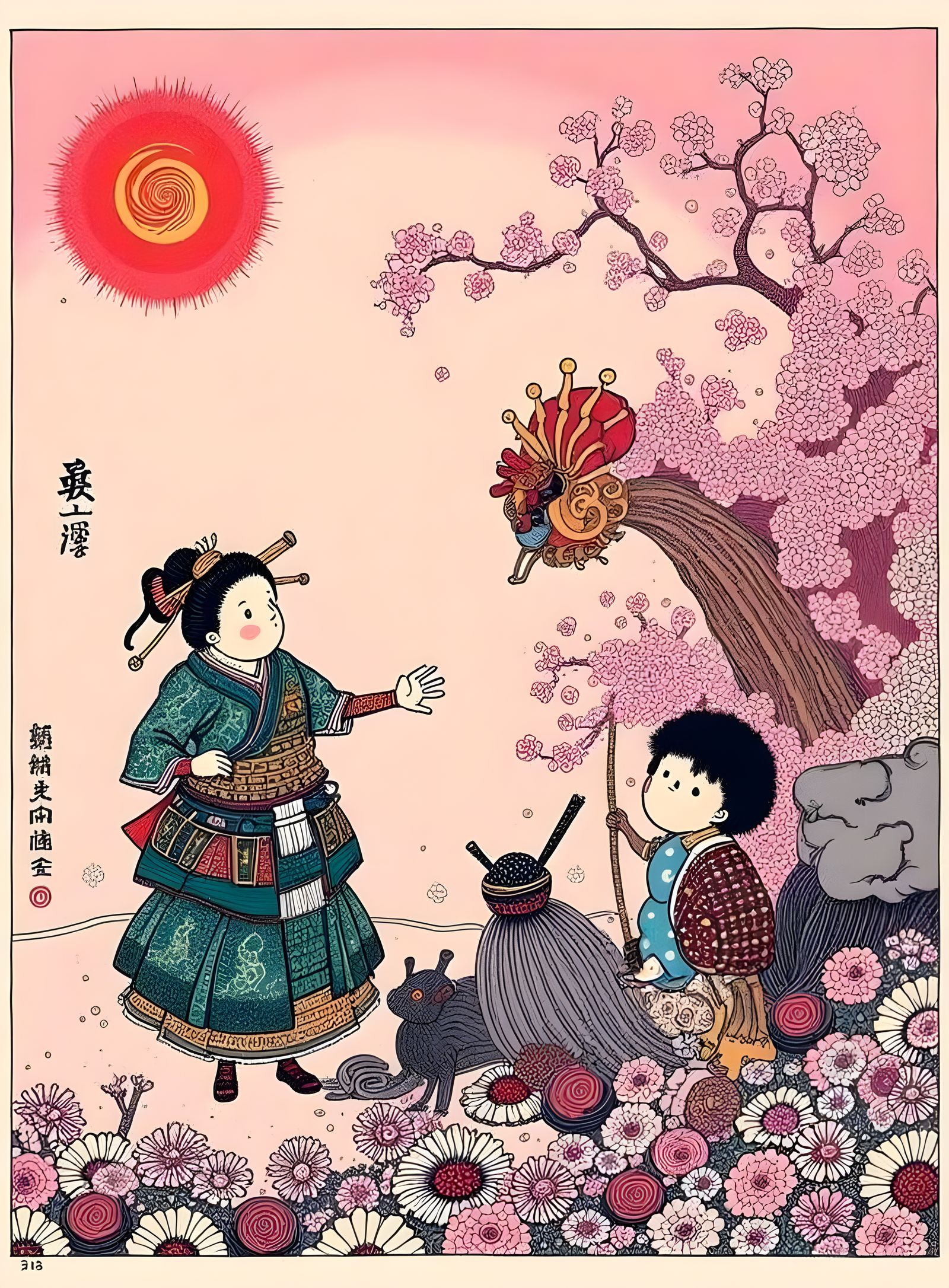 Sakura. Tatsu. Samurai. Japanese style art from the Edo period.