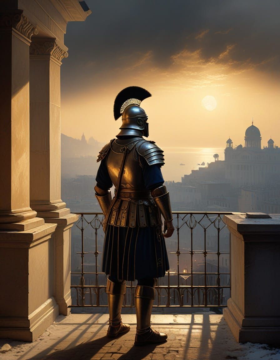 Frozen Roman Centurion Under Mars' Ethereal Haze